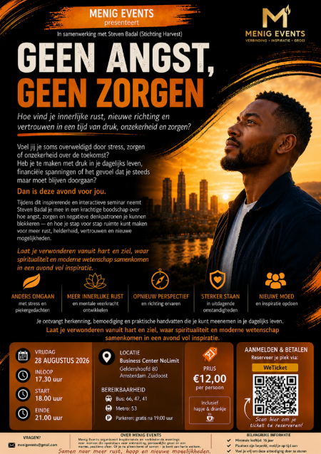 Poster Geen angst, geen zorgen — seminar met Steven Badal op Vrijdag 28 augustus 2026